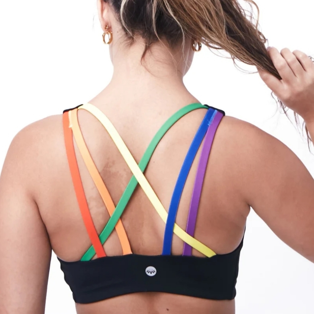 NWOT Senita Athletics Strappy sports bra, in rainbow, size large